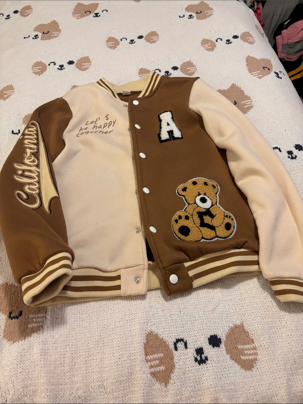 SHEIN Brown & Cream Varsity Teddy Patch Jacket